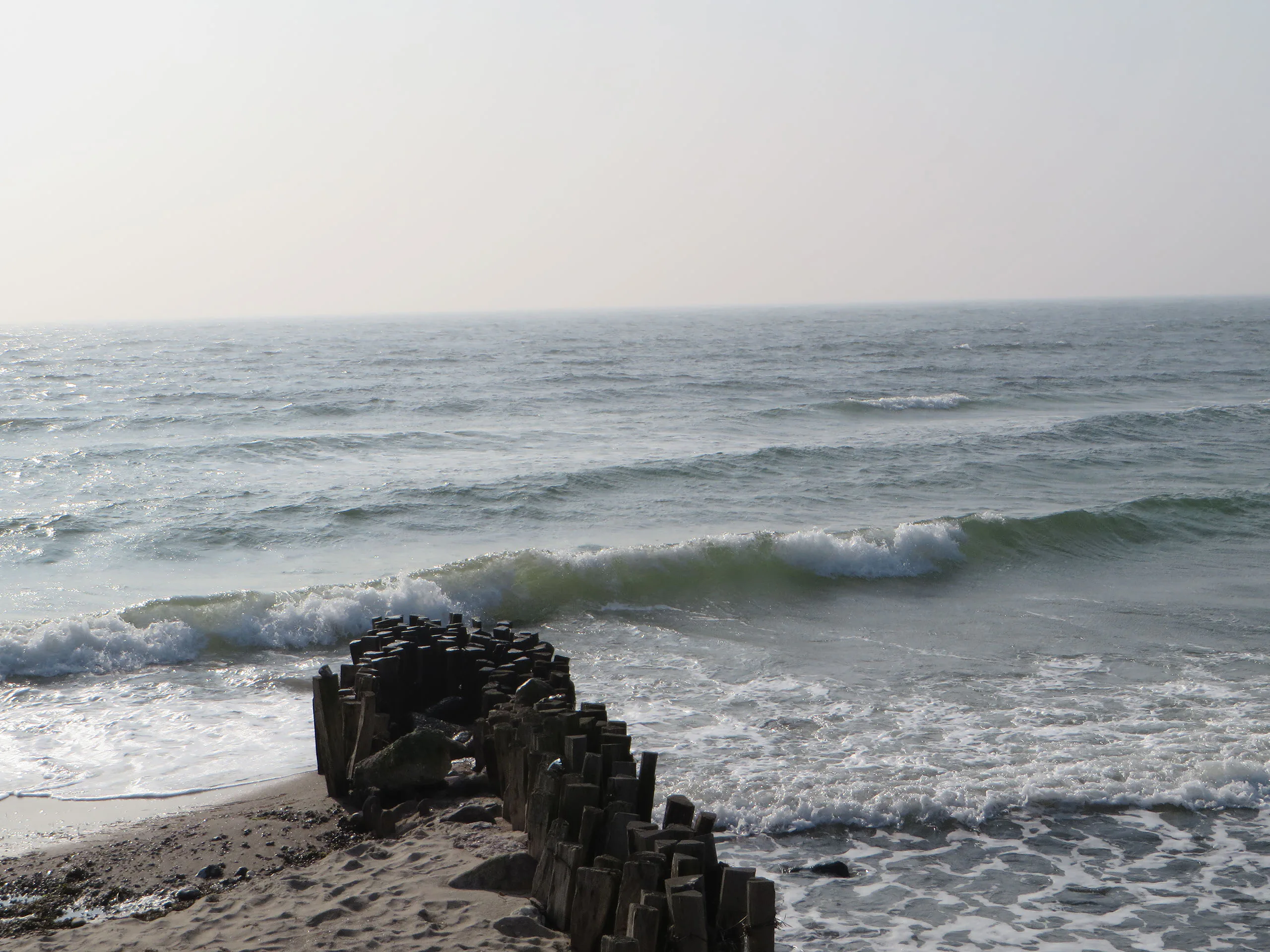 Brandungswellen an einem Strand mit verwitterten Holzpfählen